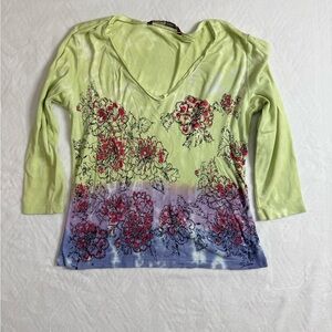 Barbara Lesser Womens M Blue Green Black Tie Dye Shirt Flowers Y2K Boho Colorful